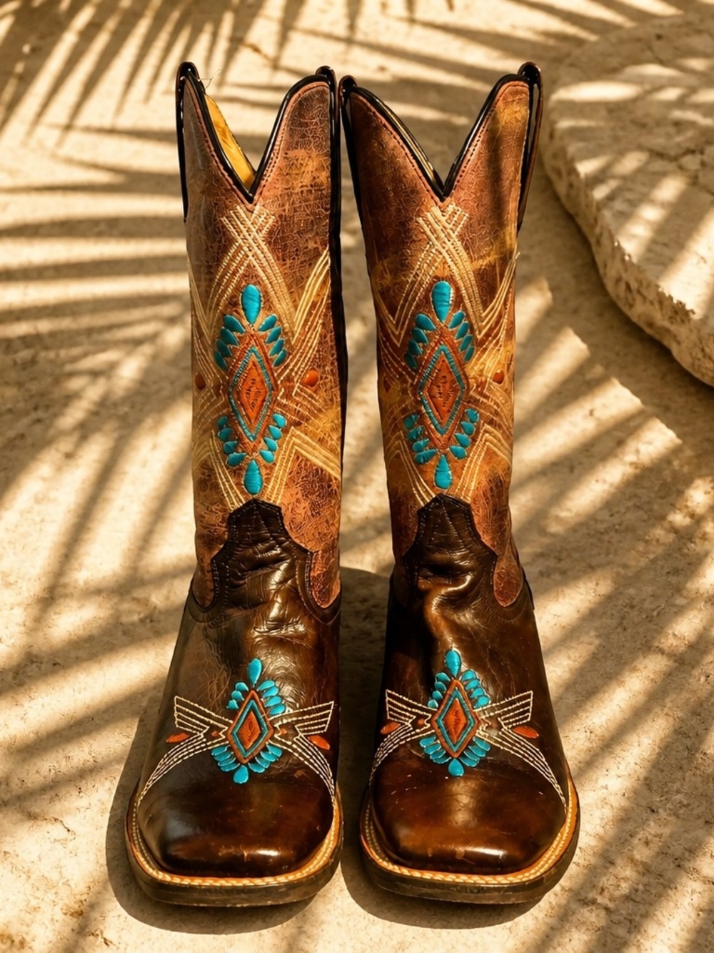 Roper Brown Leather Western Boots Turquoise/Orange Embroidery Made In Mexico